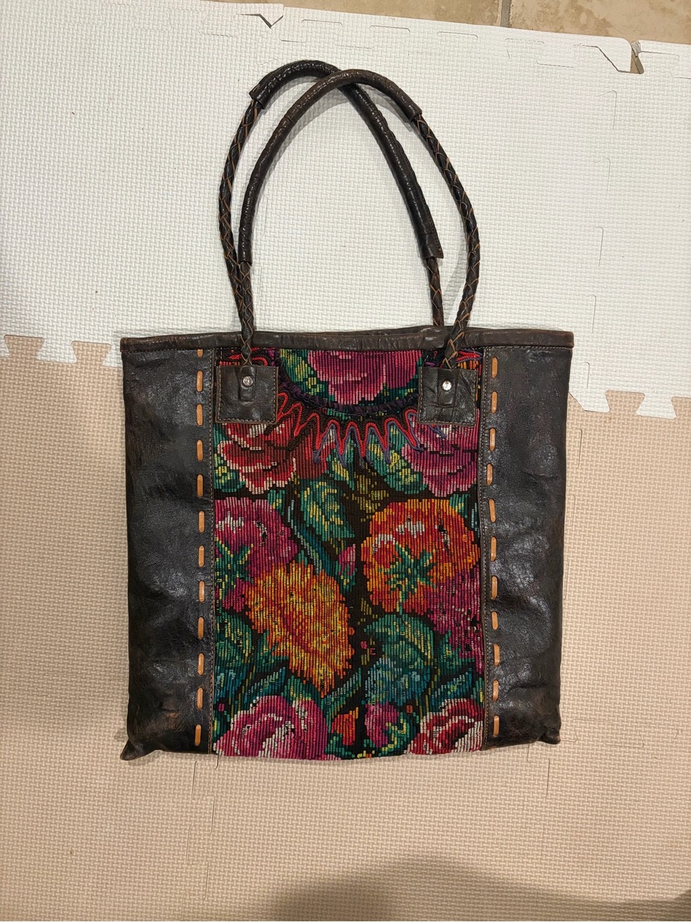Embroidered Floral Shoulder Tote - Black with Multicolor Panel